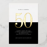 Modern Black and White 50th Birthday Gold Foil<br><div class="desc">Invite guests to your event with this customisable fiftieth-birthday invitation. It features a black and white colour block with modern typography. Personalise this modern 50th birthday invitation by adding your event details. This gold foil fiftieth birthday invitation is available in other foil colours.</div>