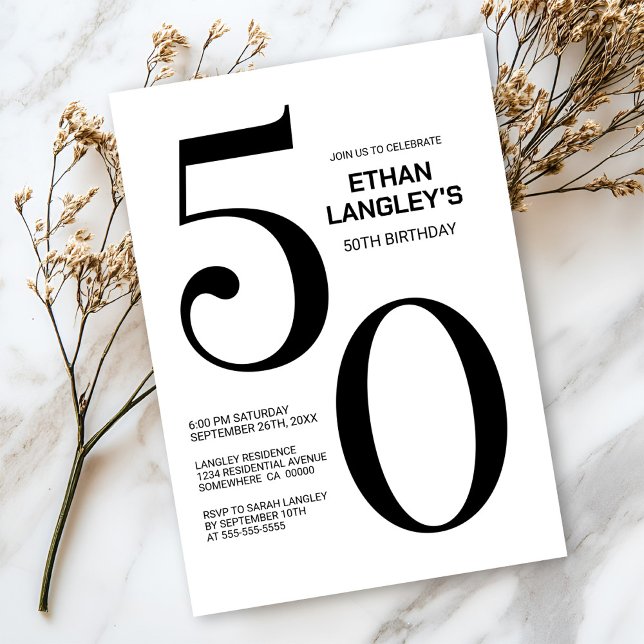 Modern Black and White 50th Birthday Party Invitation (Creator Uploaded)