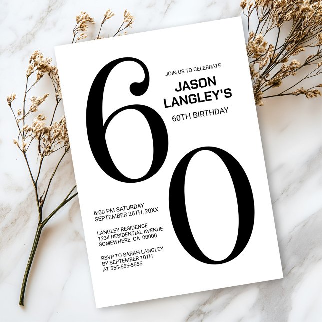 Modern Black and White 60th Birthday Party Invitation (Creator Uploaded)