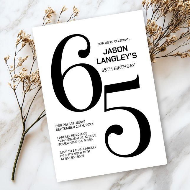 Modern Black and White 65th Birthday Party Invitation (Creator Uploaded)