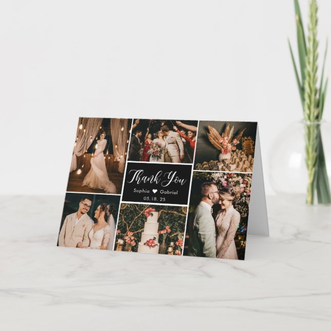 Modern Black and White 6 Photo Collage Wedding Thank You Card (Front)