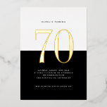 Modern Black and White 70th Birthday Gold Foil<br><div class="desc">Invite guests to your event with this customisable sixtieth-birthday invitation. It features a black and white colour block with modern typography. Personalise this modern 70th birthday invitation by adding your event details. This gold foil sixtieth birthday invitation is available in other foil colours.</div>