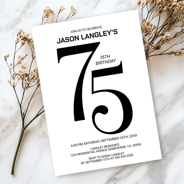 Modern Black and White 75th Birthday Party Invitation (Creator Uploaded)