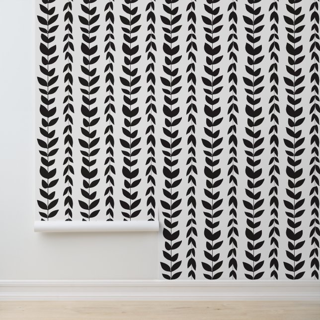Modern Black and White Abstract Foliage Pattern Wallpaper (Application)