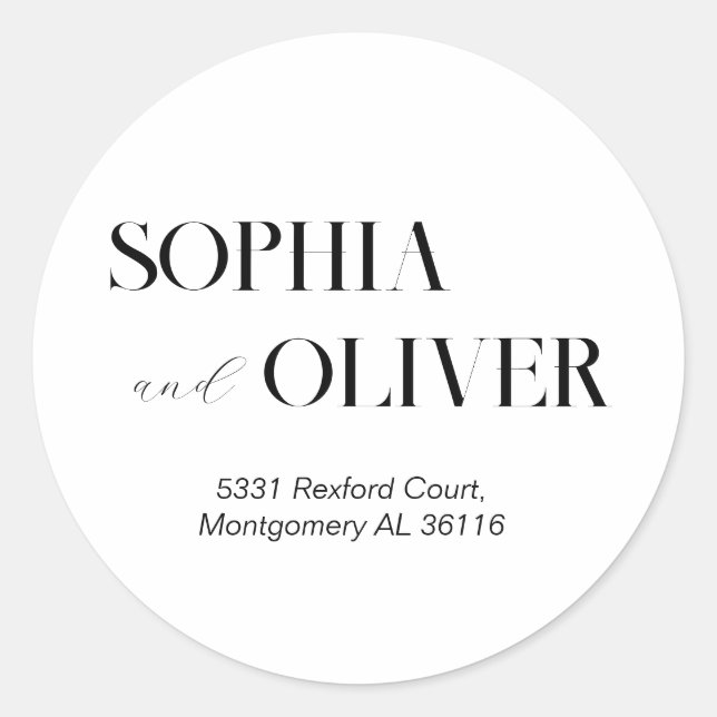 Modern black and white address  classic round sticker (Front)