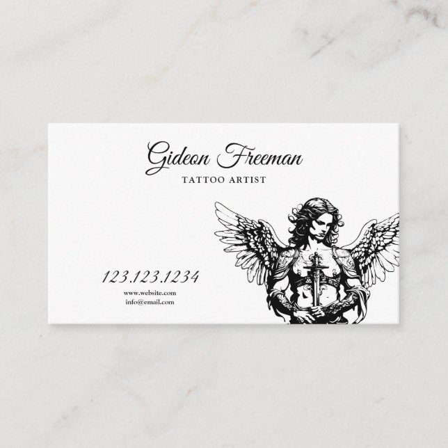 Modern Black and White Angel Tattoo Artist Business Card (Front)