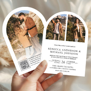 Modern Black and White Arch Photo QR Code Wedding Invitation