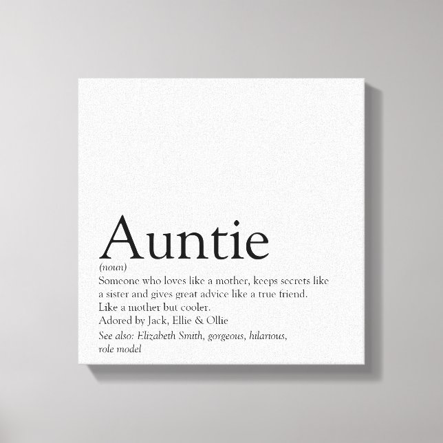 Modern Black and White Aunt Auntie Definition Canvas Print (Front)