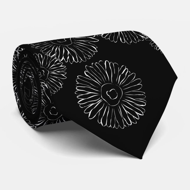 Modern Black and White Boho Chic Daisy Pattern  Tie (Rolled)