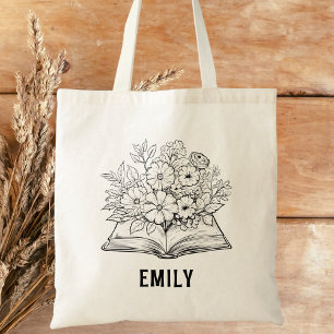 Modern Black and White Book Lover Floral Book Tote Bag