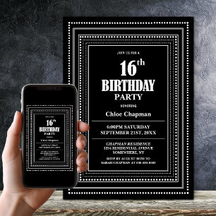 Modern Black and White Border 16th Birthday Party Invitation
