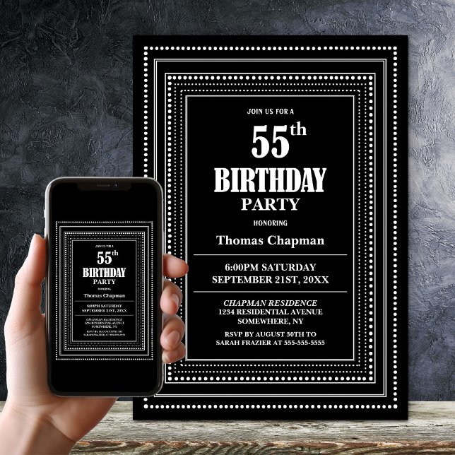 Modern Black and White Border 55th Birthday Party Invitation (Creator Uploaded)