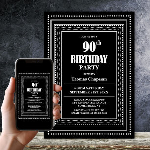 Modern Black and White Border 90th Birthday Party Invitation