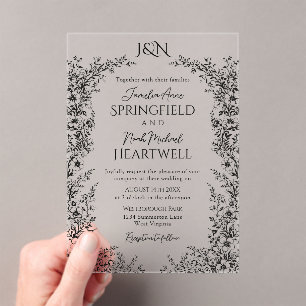 Modern Black and White Botanical Wedding Acrylic Invitations