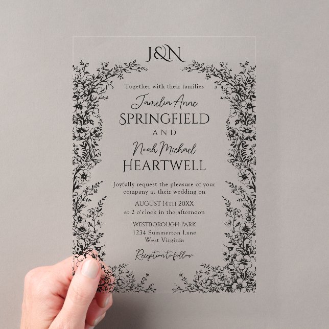 Modern Black and White Botanical Wedding Acrylic Invitations (Insitu (Handheld))