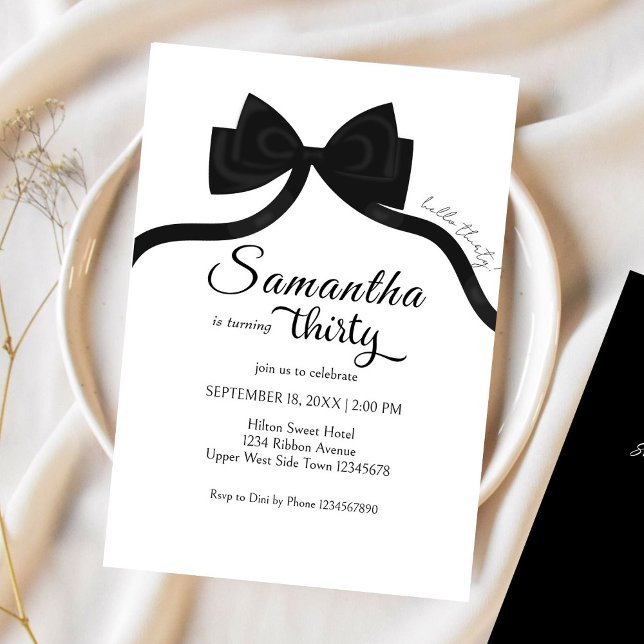 Modern black and white bow coquette 30th birthday invitation (Creator Uploaded)