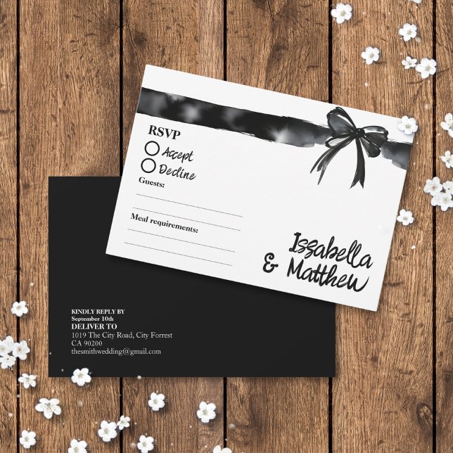Modern Black and White Bow Trendy Wedding RSVP (Black and White Simple Bow Wedding RSVP Ribbon Bow Elegant trendy chic modern script tick diet food)