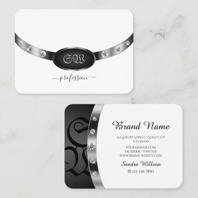 Modern Black and White Bright Silver with Monogram Business Card (Front/Back)