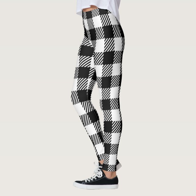 Modern Black and White Buffalo Check Gingham Leggings (Left)