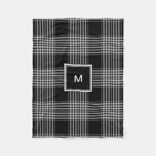 Modern black and white buffalo plaid monogram fleece blanket