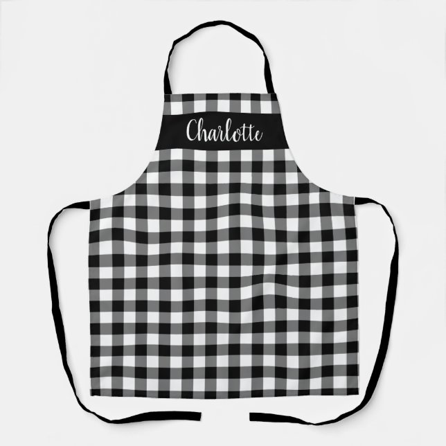 Modern Black and White Buffalo Plaid Personalised Apron (Front)
