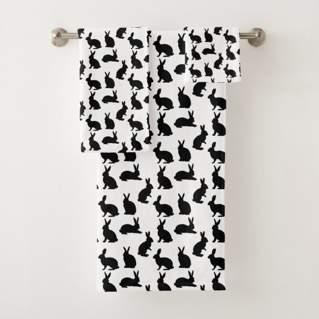 Modern Black And White Bunny Shapes Pattern Easter Bath Towel Set (Insitu)