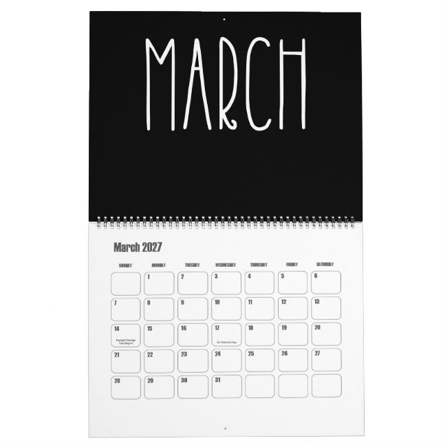 Modern Black and White Calendar (Mar 2027)