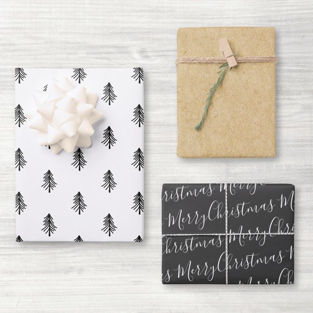 Modern Black and White Calligraphy Christmas Tree Wrapping Paper Sheet (Creator Uploaded)