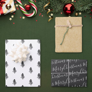 Modern Black and White Calligraphy Christmas Tree Wrapping Paper Sheet