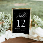 Modern Black and White Calligraphy Table Number<br><div class="desc">Enhance your wedding reception with our stylish wedding table number cards, showcasing elegant white calligraphy on a chic black background. This modern yet timeless design adds a touch of sophistication to any wedding theme, making it ideal for celebrations in all seasons. Easily customise each card with your names and wedding...</div>