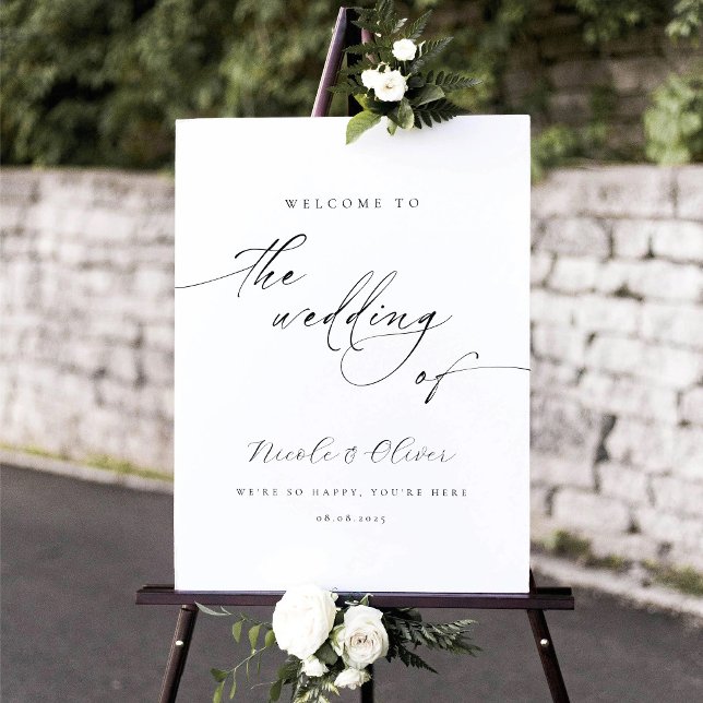 Modern Black and White Calligraphy Wedding Welcome Poster (Modern Black and White Calligraphy Wedding Welcome Sign)