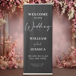 Modern Black and White Calligraphy Wedding Welcome Retractable Banner