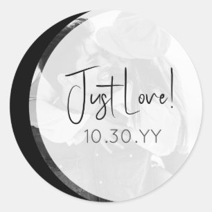 Modern Black and White Casual Just Love Wedding Classic Round Sticker