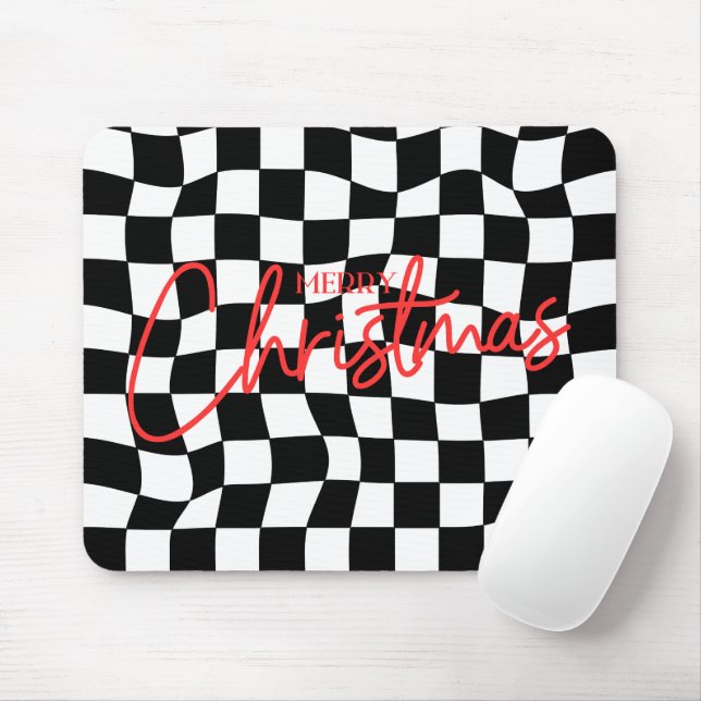 Modern black and white chequered Christmas Mouse Mat (With Mouse)