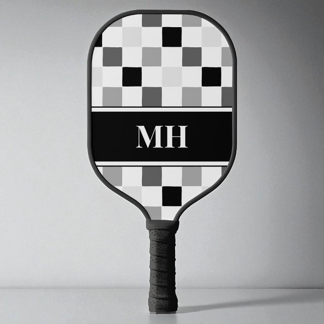 Modern Black and White Chequered Initials Monogram Pickleball Paddle (Modern Black and White Checkered Initials Monogram Pickleball Paddle)