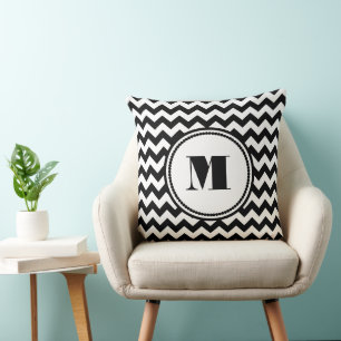 Modern Black And White Chevron Monogram Cushion