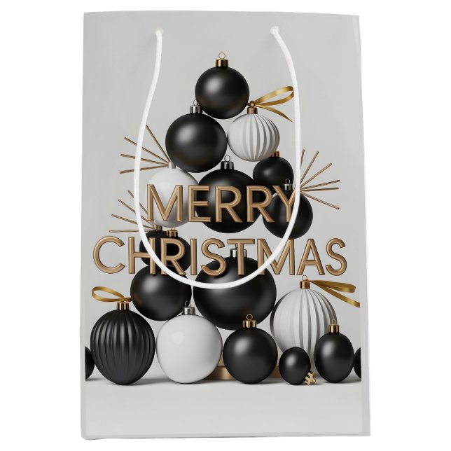 Modern Black and White Christmas Bauble Tree  Medium Gift Bag (Front)
