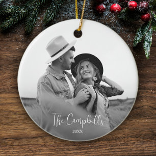 Modern Black And White Christmas Photo Couple Ceramic Tree Decoration