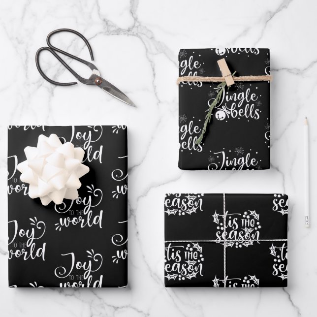 Modern Black and White Christmas Quotes Gift Wrapping Paper Sheet (Front)