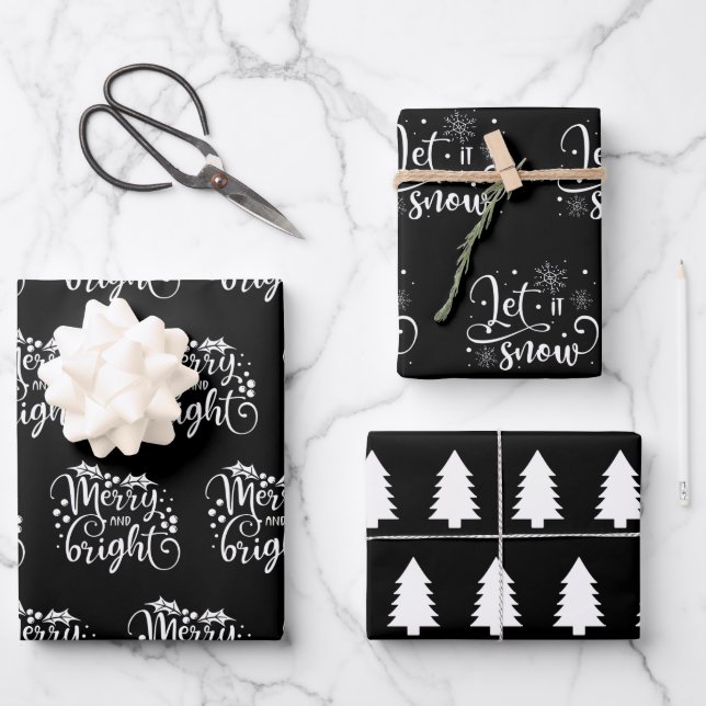 Modern Black and White Christmas Quotes Tree Gift Wrapping Paper Sheet (Front)