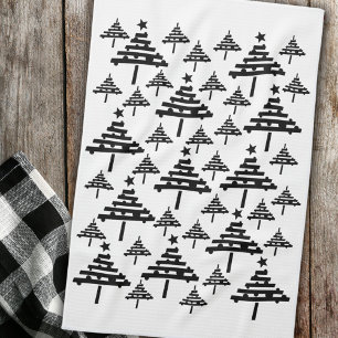 Modern Black and White Christmas Tree Pattern Tea Towel