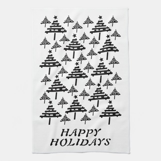 Modern Black and White Christmas Tree Pattern Tea Towel (Vertical)