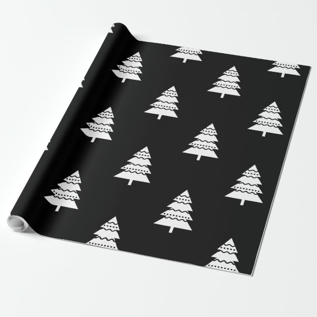 Modern Black and White Christmas Tree Pattern Wrapping Paper (Unrolled)