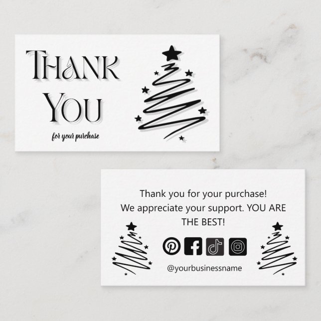 modern black and white christmas tree thank you business card (Front/Back)