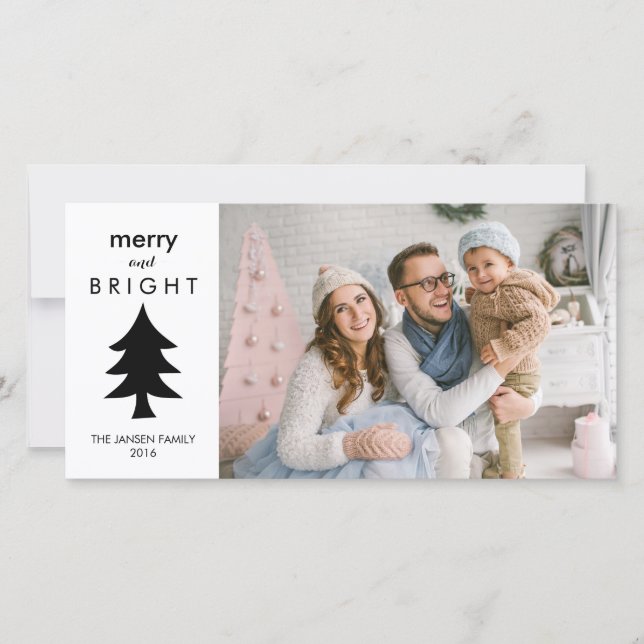 Modern Black and White Christmas Tree with Photo Holiday Card (Front)