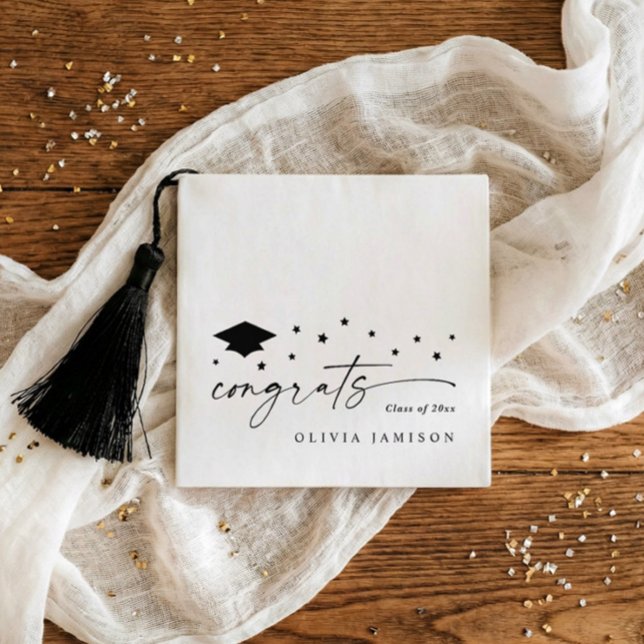 Modern Black and White Class of 2026 Graduation Napkin (Black and white personalized graduation napkins with script congrats, stars, class of 2026)
