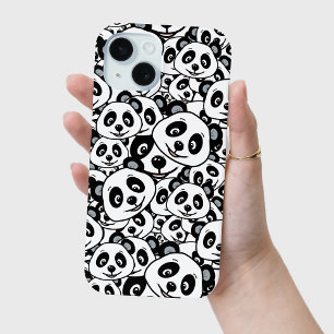 Modern Black and White Cute Panda Bear Pattern iPhone 15 Case
