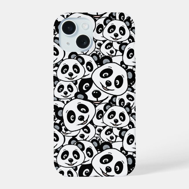 Modern Black and White Cute Panda Bear Pattern iPhone 15 Case (Back)
