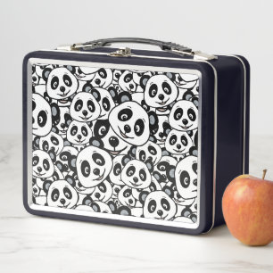 Modern Black and White Cute Panda Bear Pattern Metal Lunch Box