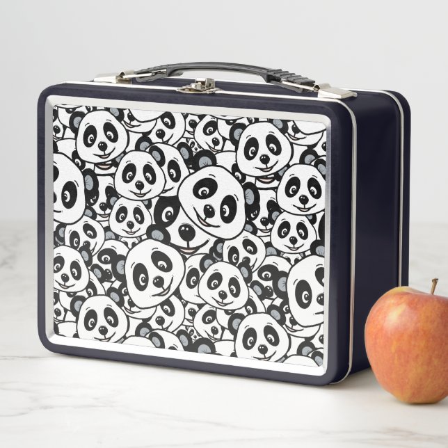 Modern Black and White Cute Panda Bear Pattern Metal Lunch Box (In Situ)